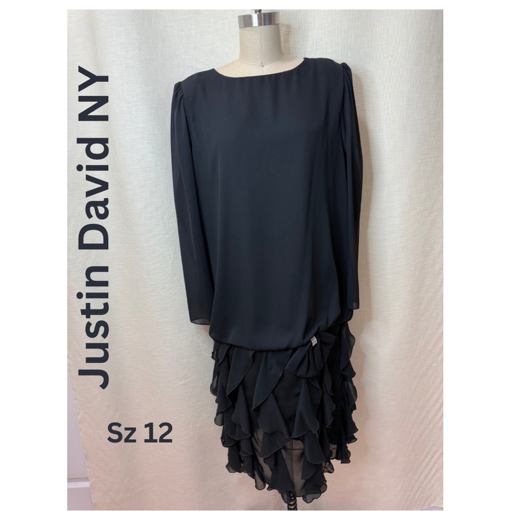 Justin David Black Ruffle Dress Size 12 Long Sleeve Cocktail Evening Elegant Lux